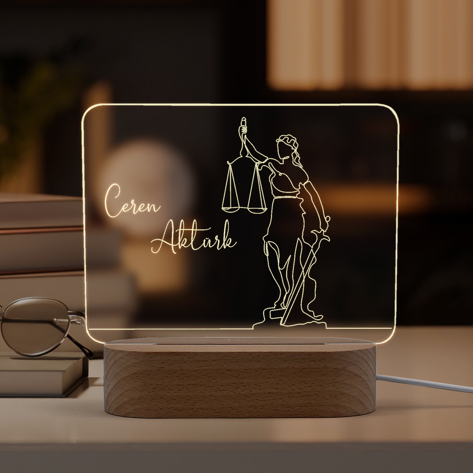 Avukatlar için Adalet Sembollü Dörtgen Model Kişiye Özel Led Gece Lambası