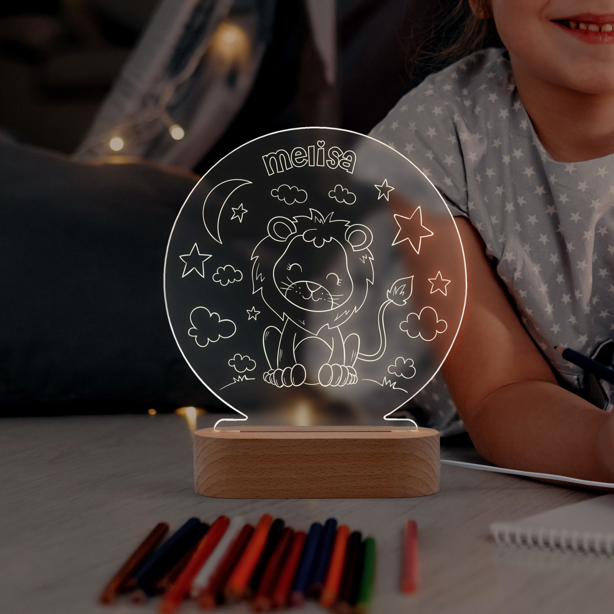 Aslan Figürlü, Çocuk Odasına için Kişiye Özel Led Gece Lambası