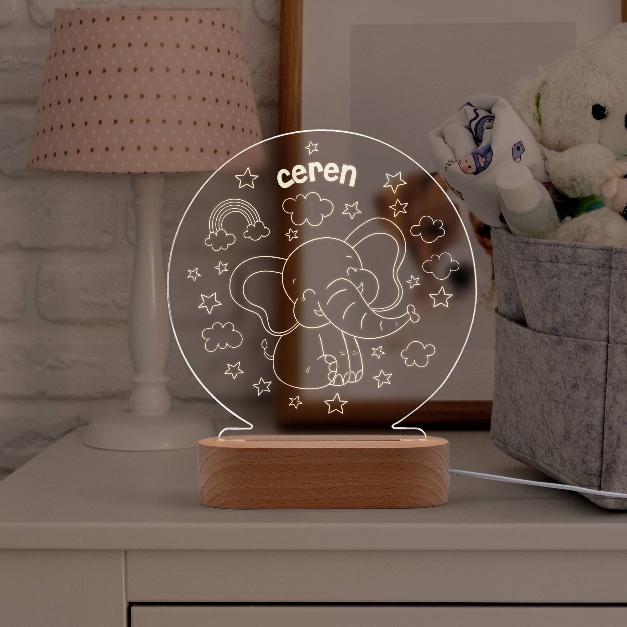 Sevimli Fil Motifli Kişiye Özel Ledli Gece Lambası