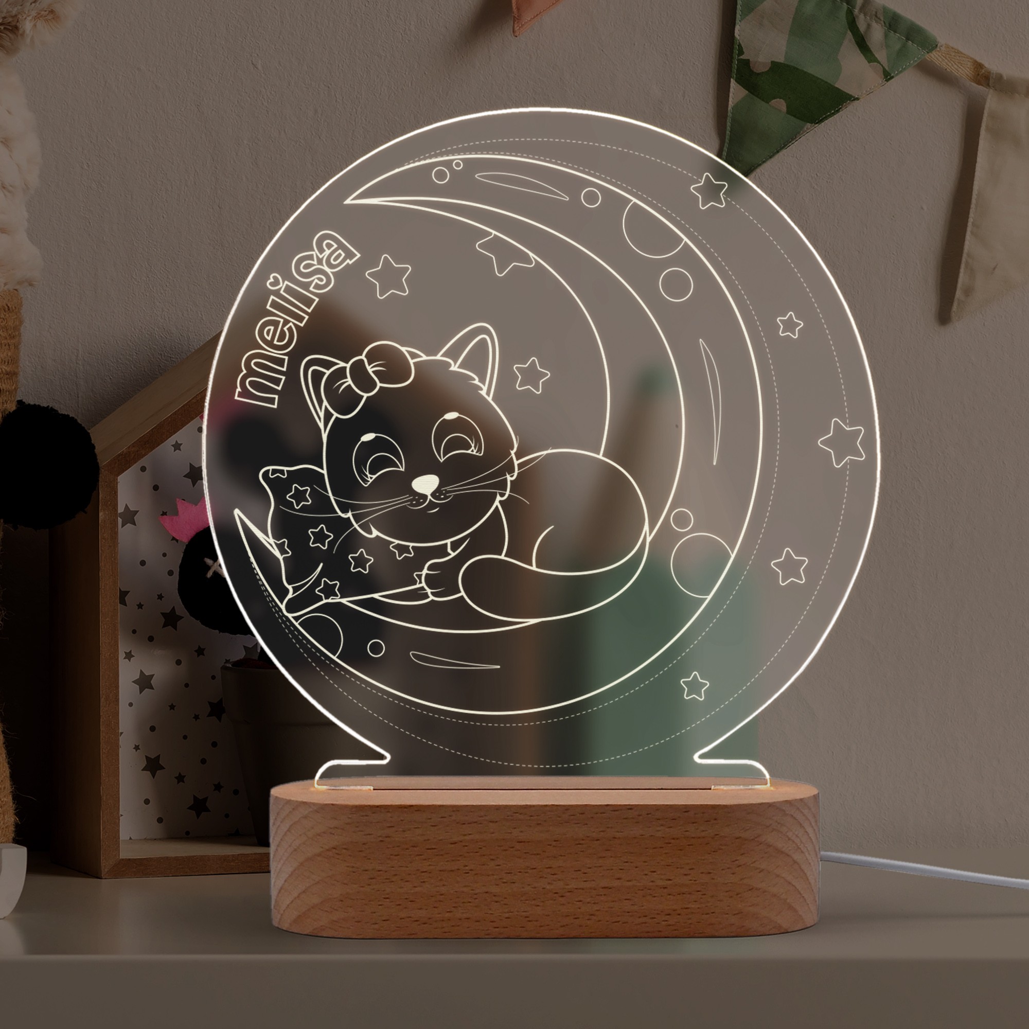 Ay Üstünde  Uyuyan Kedi Figürlü Kişiye Özel Ledli Gece Lambası
