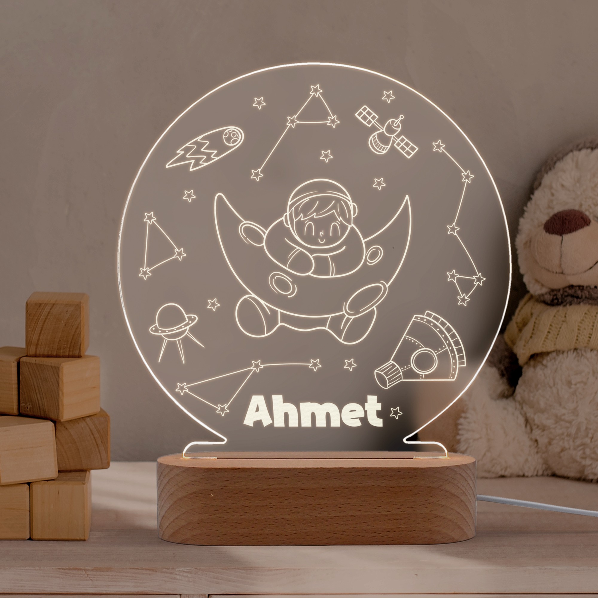Ay Dede Figürlü, Özel Tasarım İsimli Kişiye Özel Led Gece Lambası