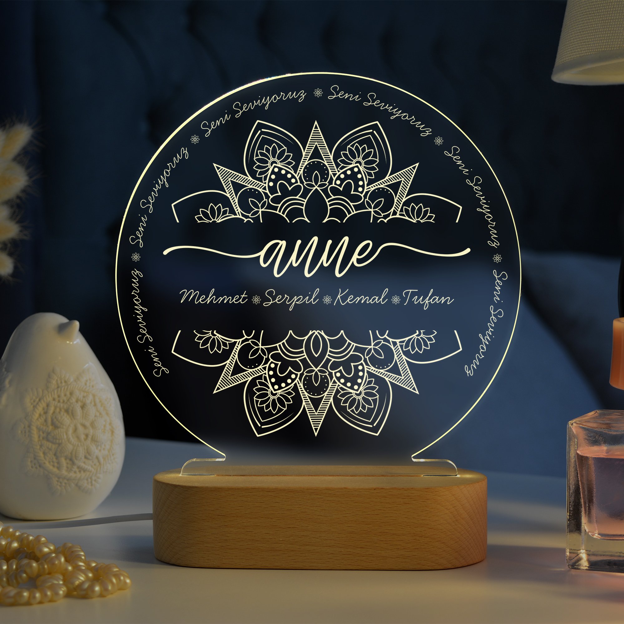 Anneler için Mandala Motifli Kişiye Özel Ledli Gece Lambası