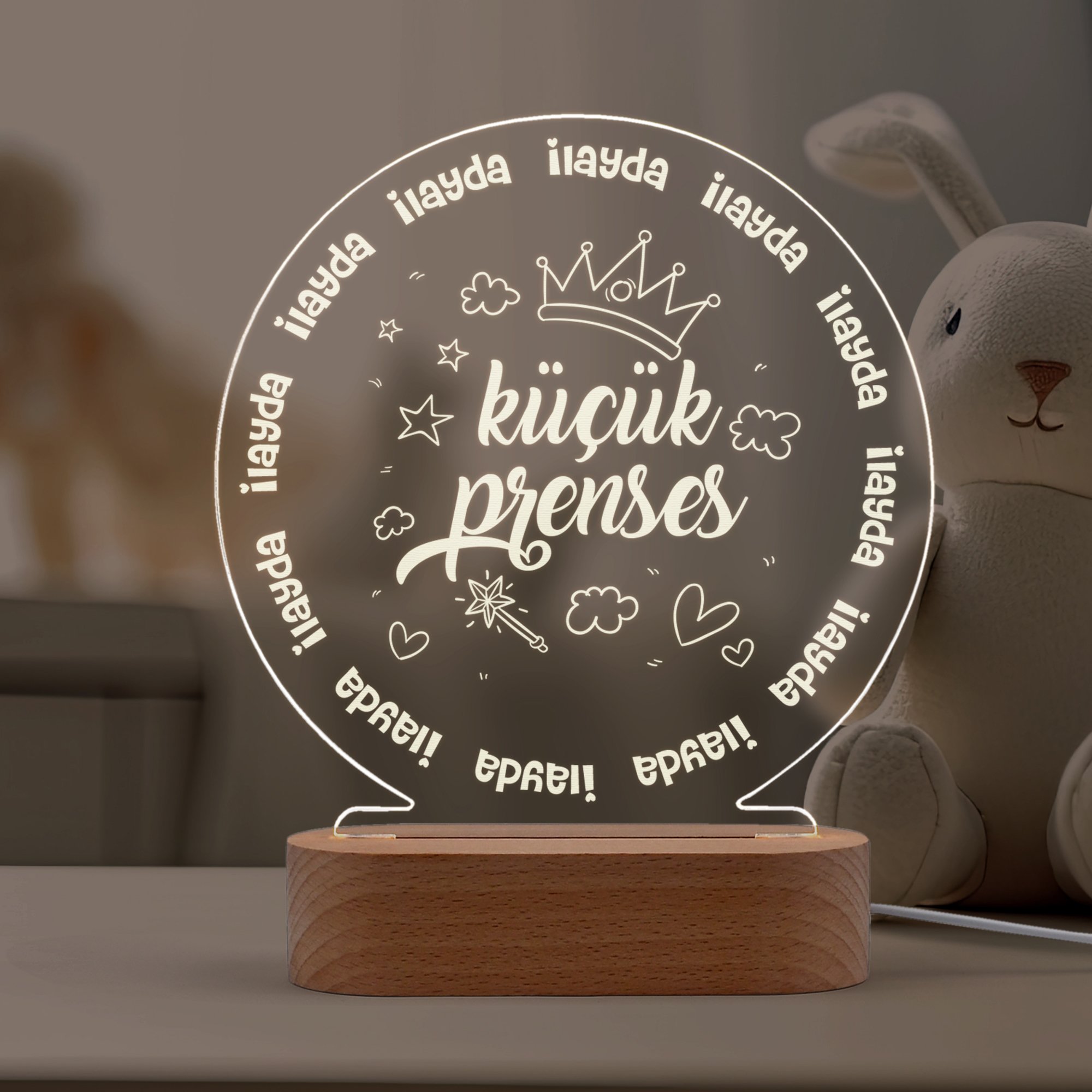 Prenses Yazılı Çocuk Odası için Kişiye Özel Ledli Gece Lambası