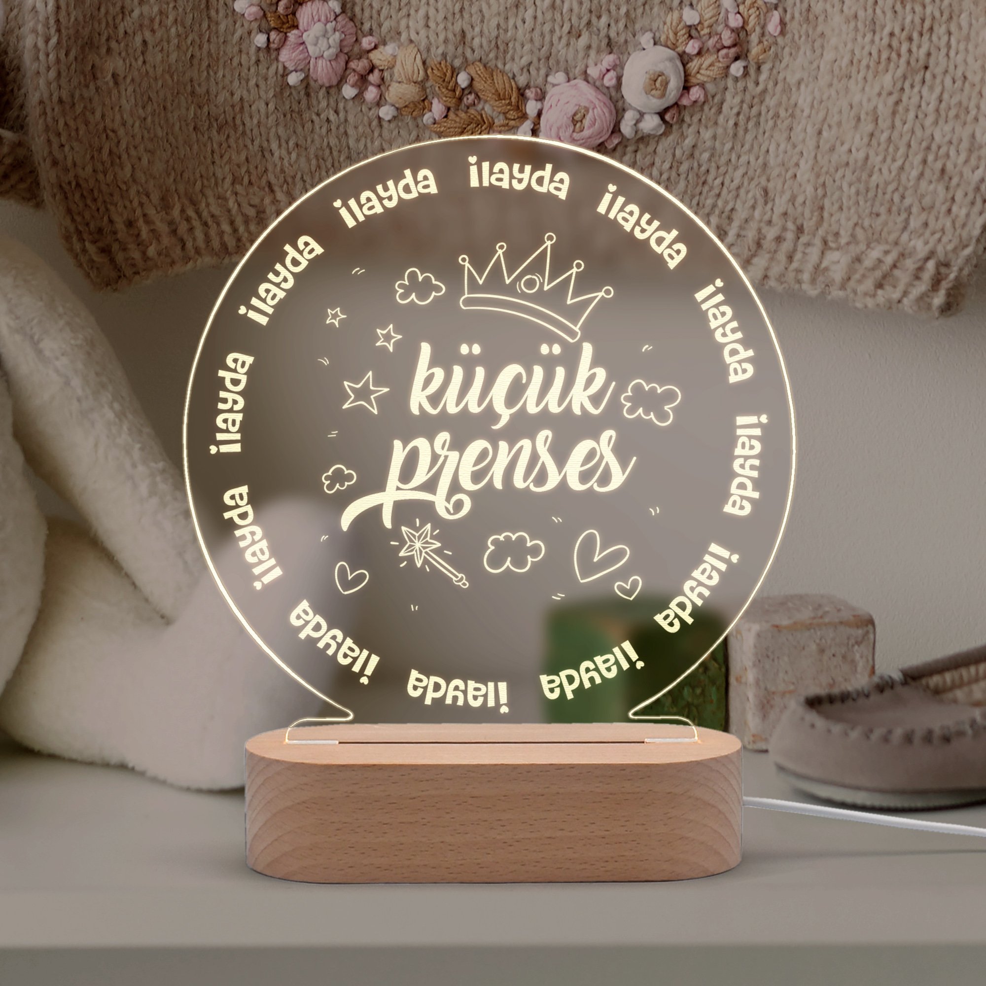 Prenses Yazılı Çocuk Odası için Kişiye Özel Ledli Gece Lambası