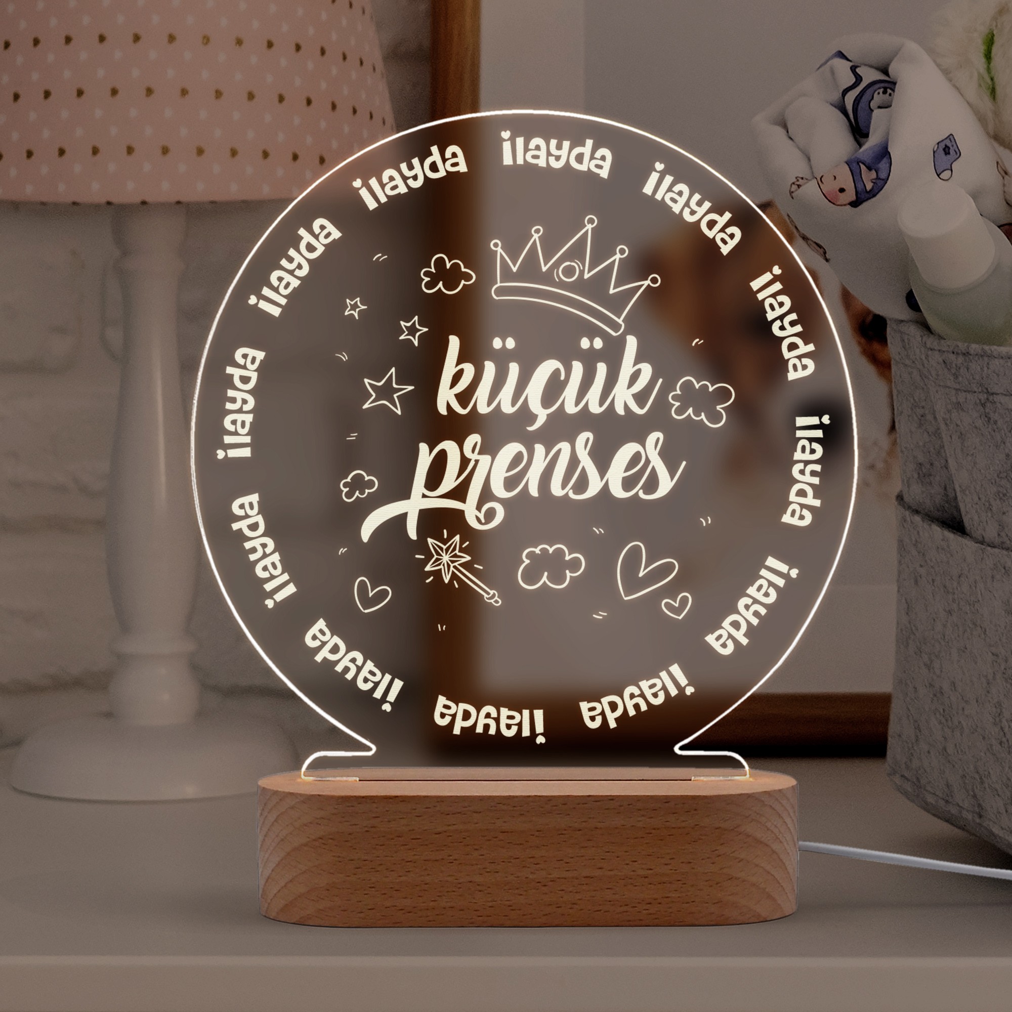 Prenses Yazılı Çocuk Odası için Kişiye Özel Ledli Gece Lambası