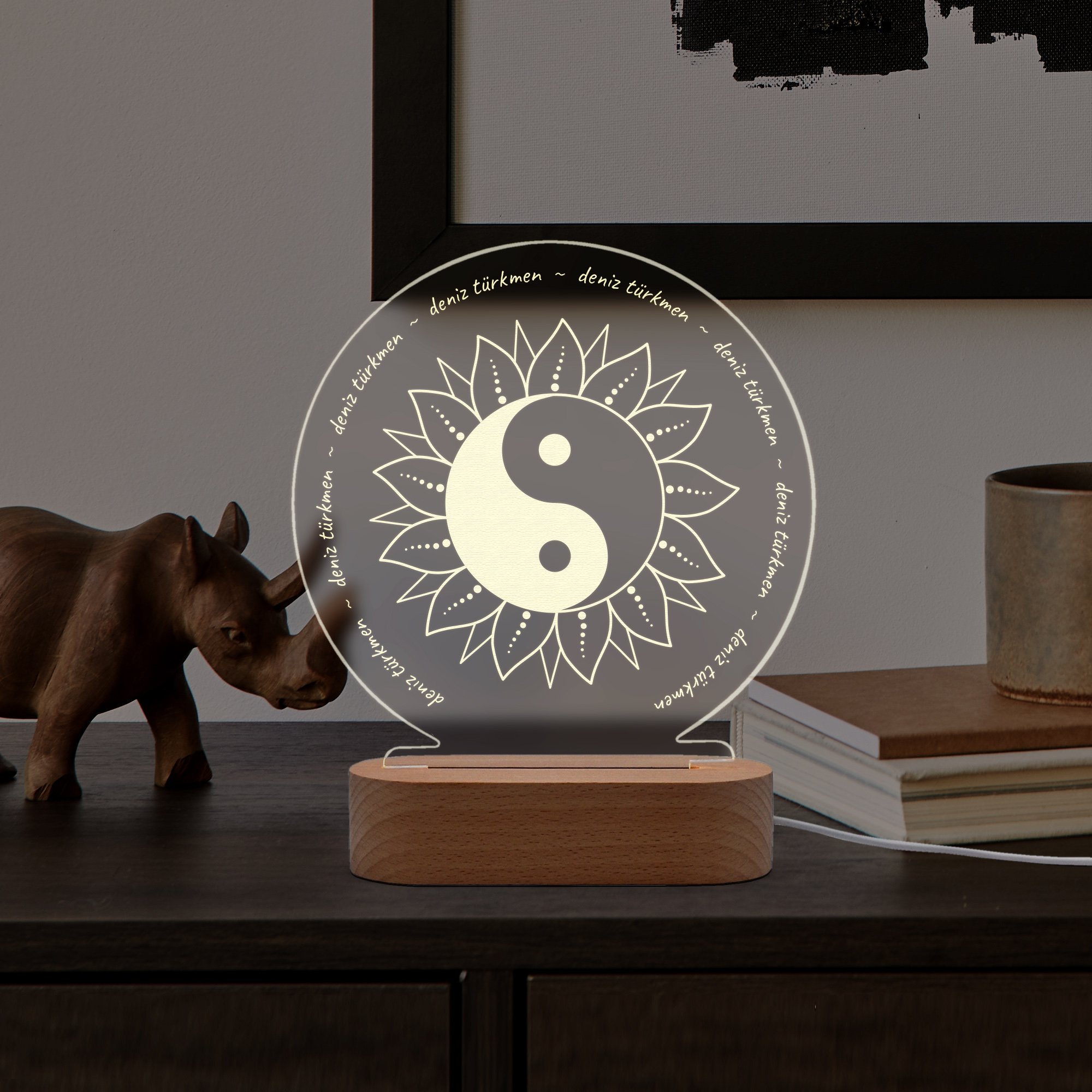Ying Yang Sembollü Kişiye Özel Ledli Gece Lambası