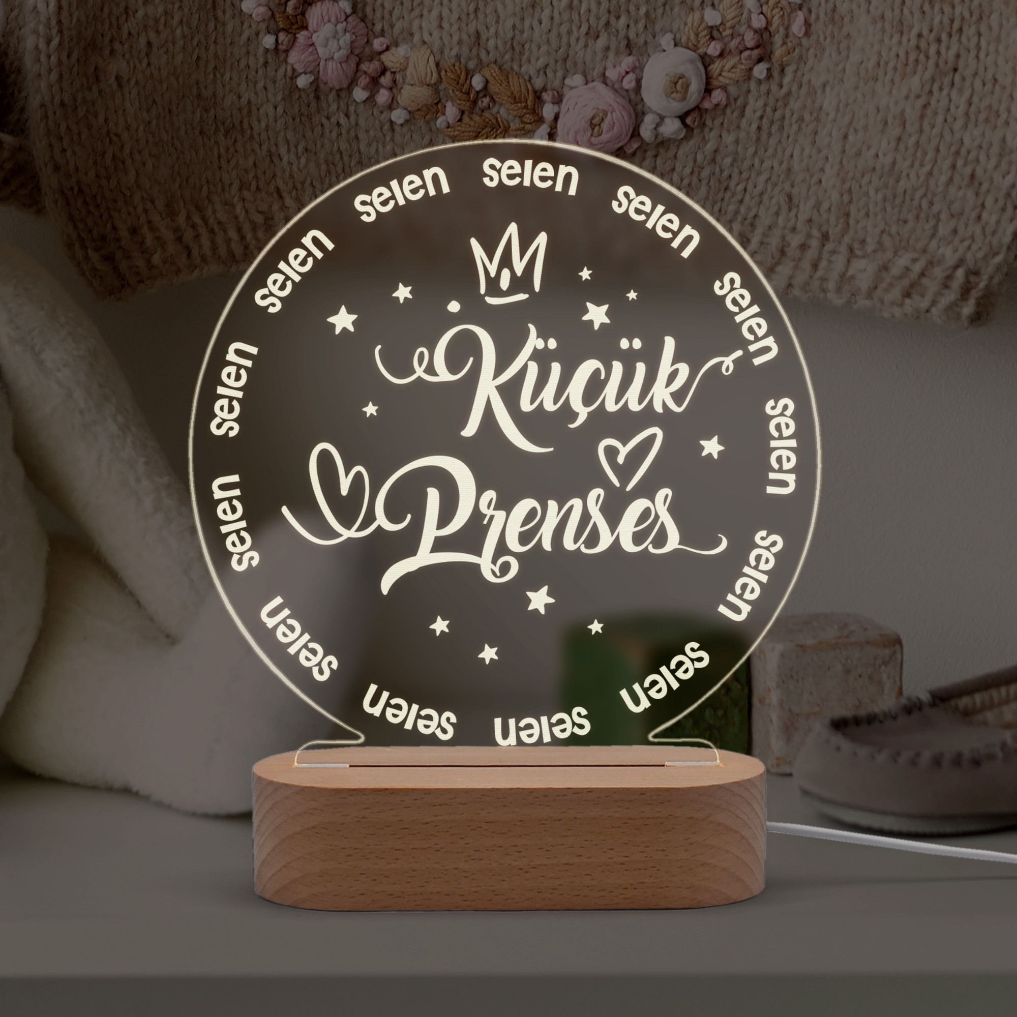 Prenses Yazılı Kız Çocukları için Kişiye Özel Ledli Gece Lambası