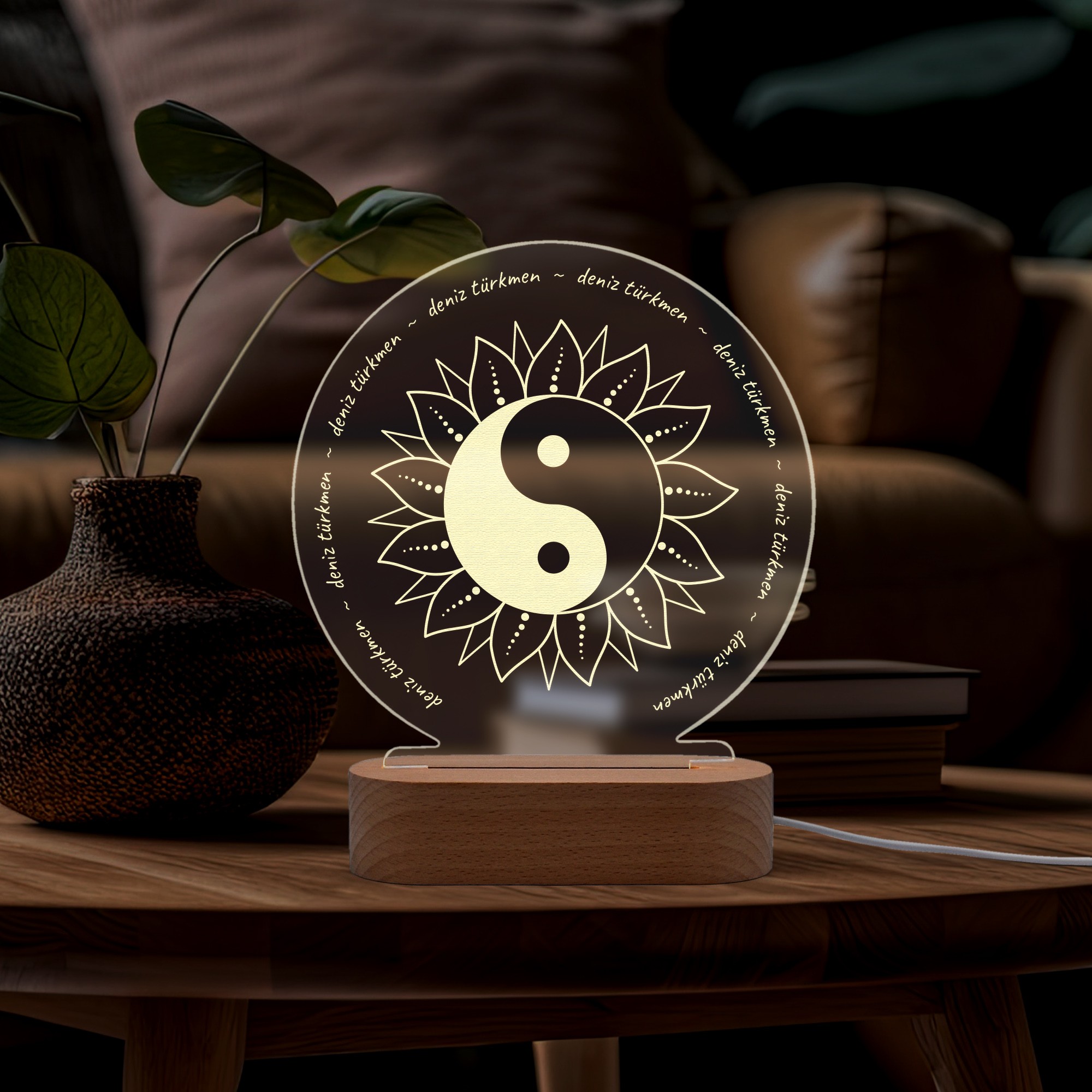 Ying Yang Sembollü Kişiye Özel Ledli Gece Lambası