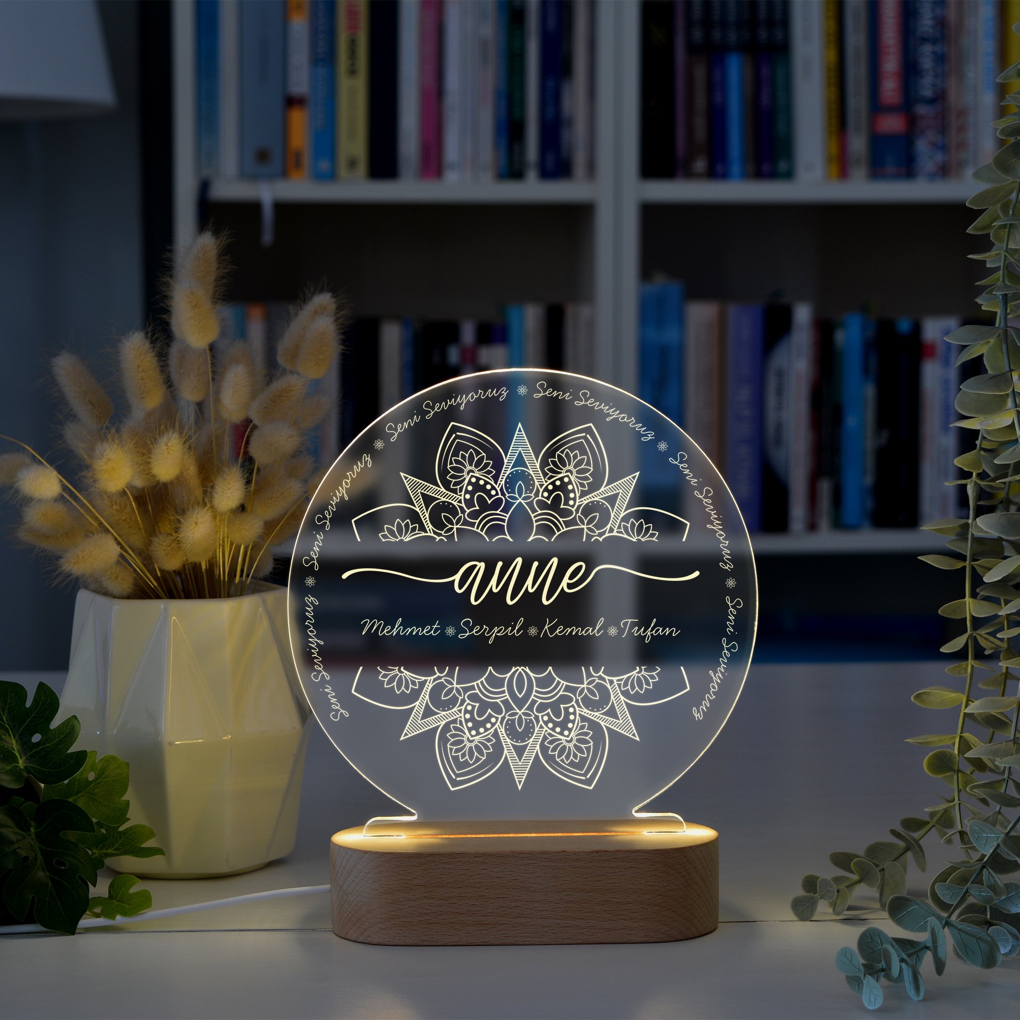 Anneler için Mandala Motifli Kişiye Özel Ledli Gece Lambası