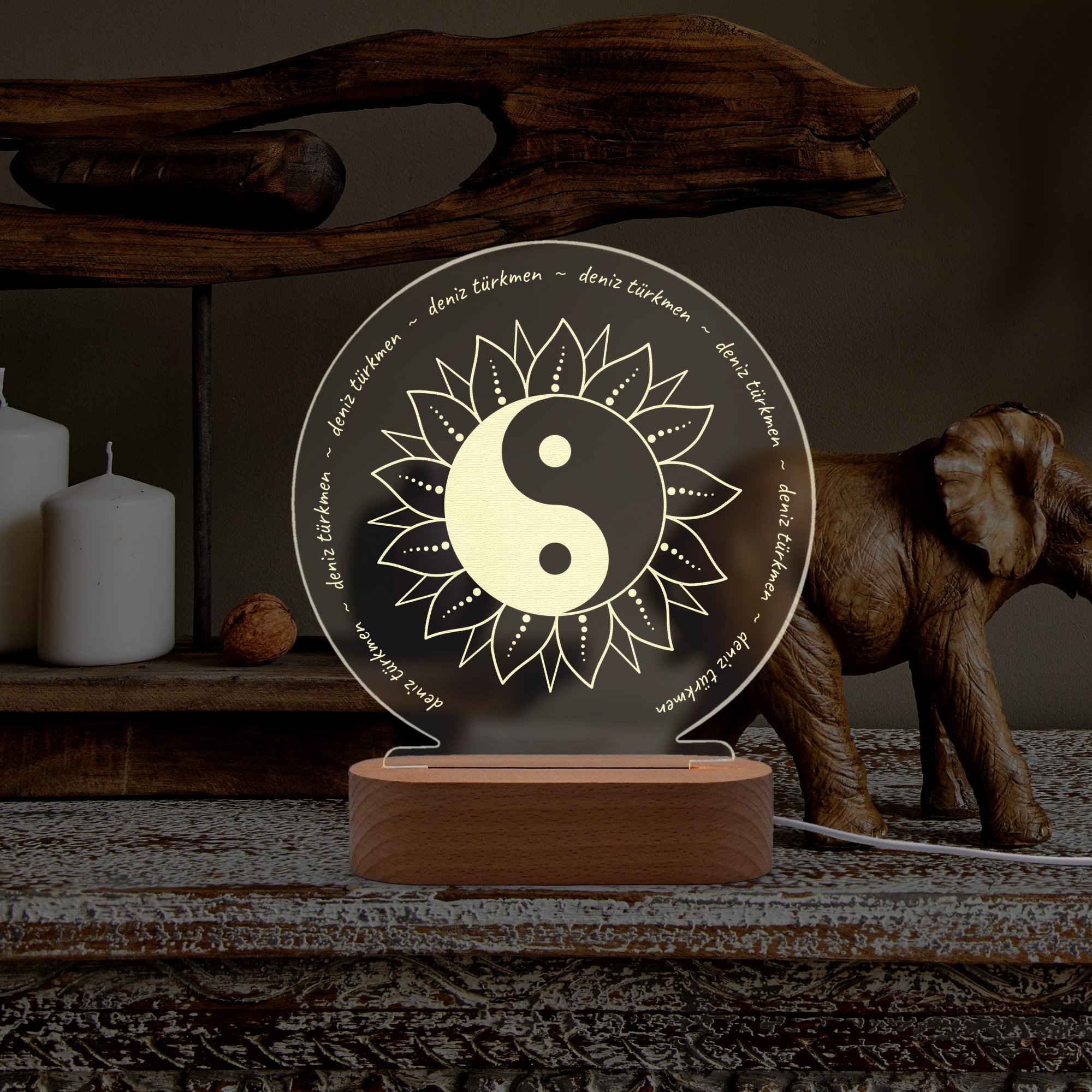 Ying Yang Sembollü Kişiye Özel Ledli Gece Lambası