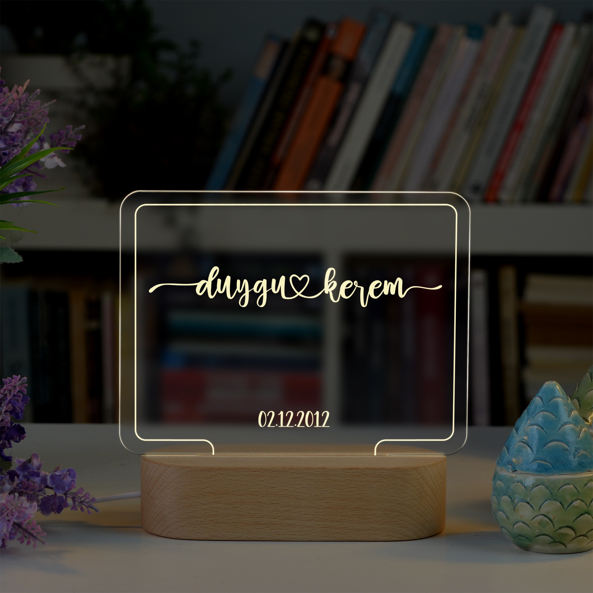 Çiftler için Konturlu Kişiye Özel Ledli Dörtgen Gece Lambası