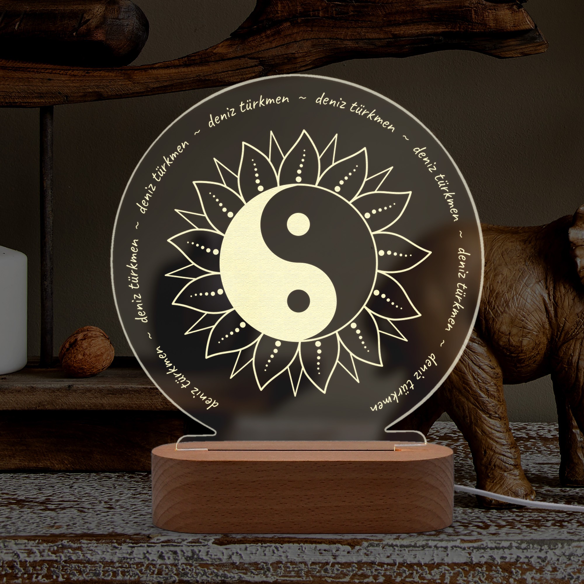 Ying Yang Sembollü Kişiye Özel Ledli Gece Lambası