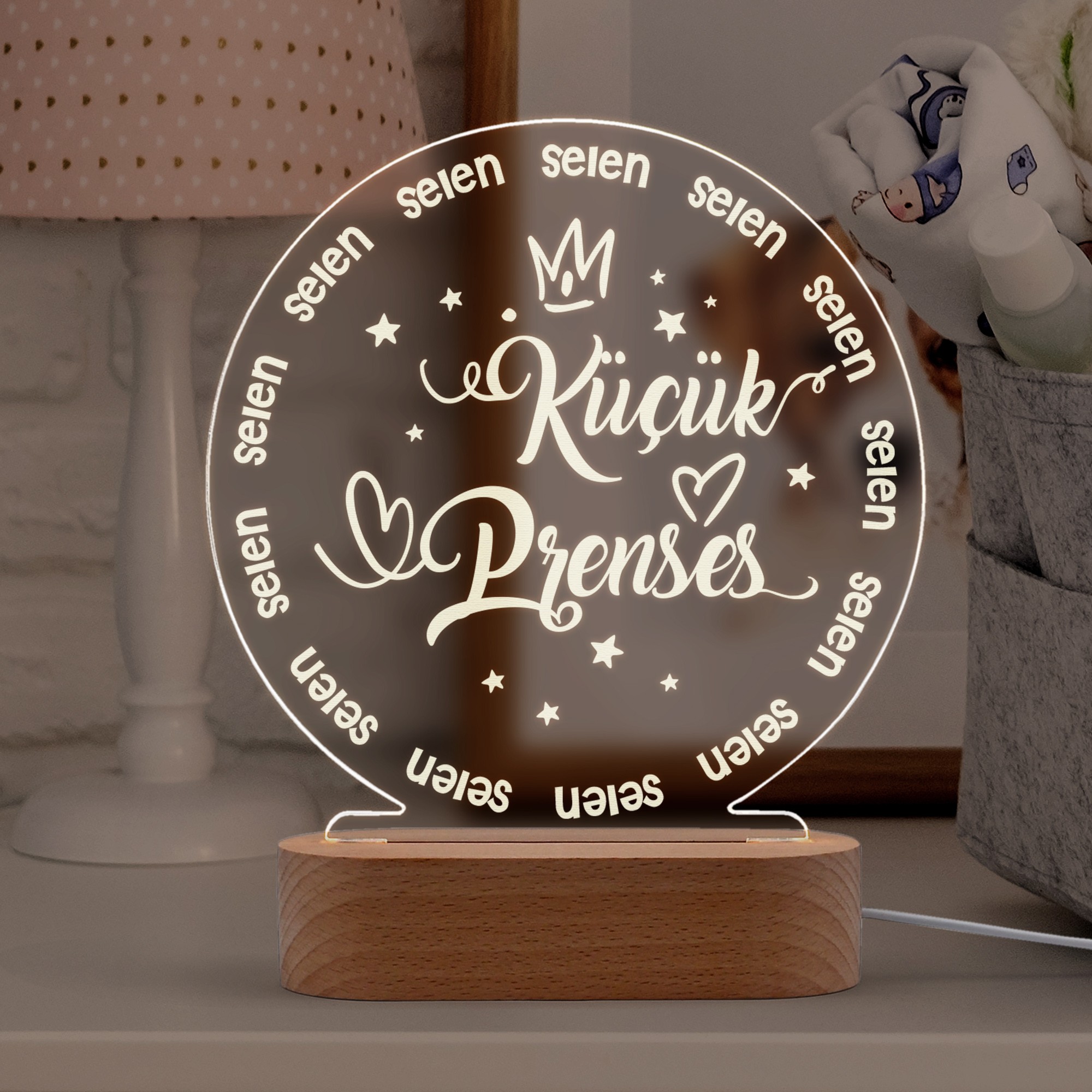 Prenses Yazılı Kız Çocukları için Kişiye Özel Ledli Gece Lambası