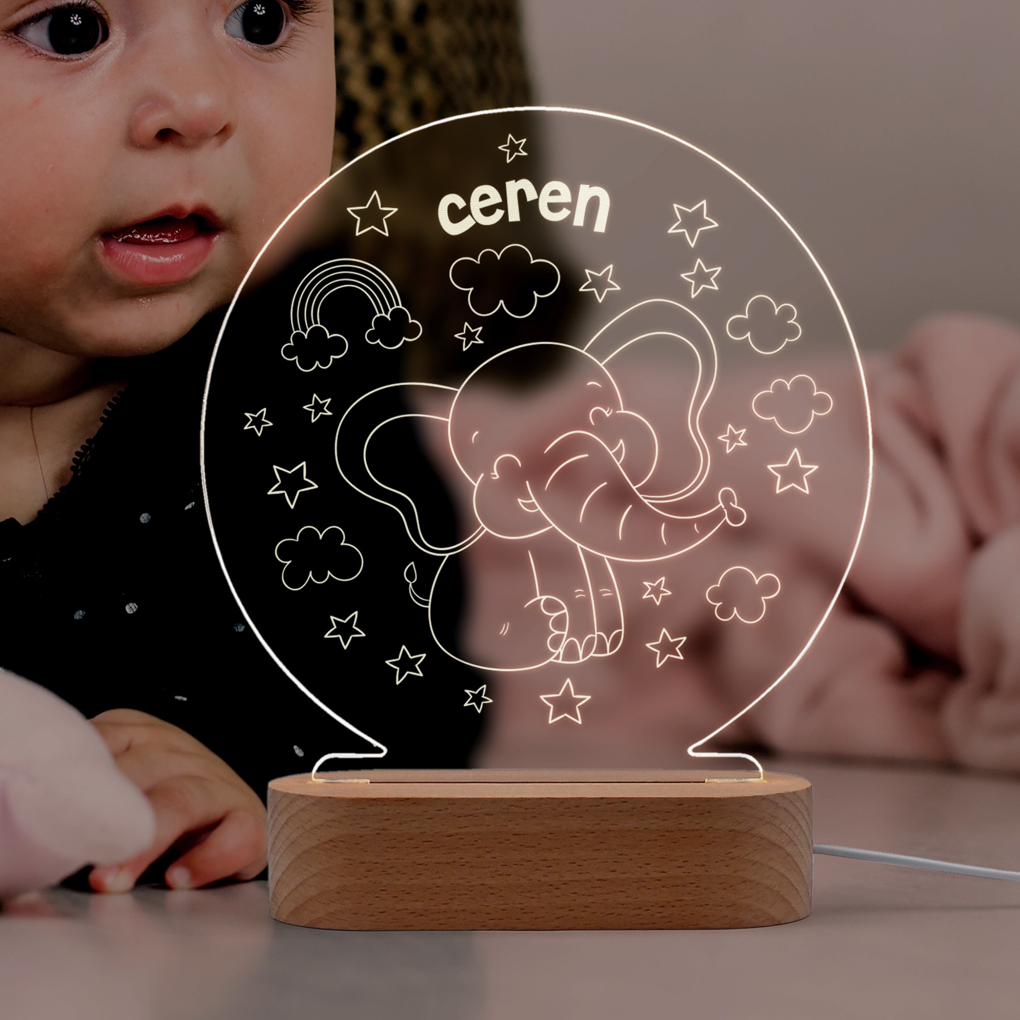Sevimli Fil Motifli Kişiye Özel Ledli Gece Lambası