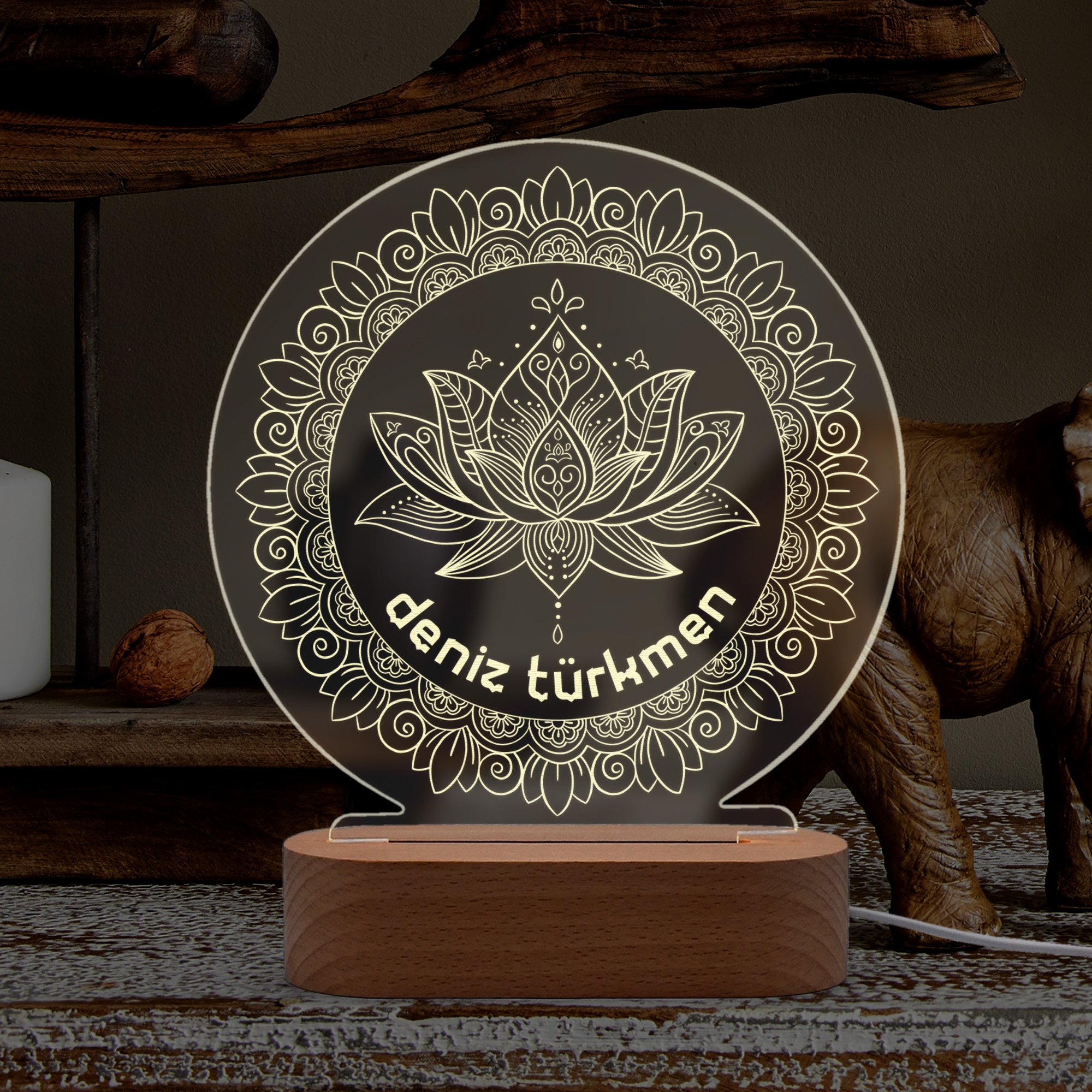 Lotus, Mandala Figürlü Kişiye Özel Ledli Gece Lambası