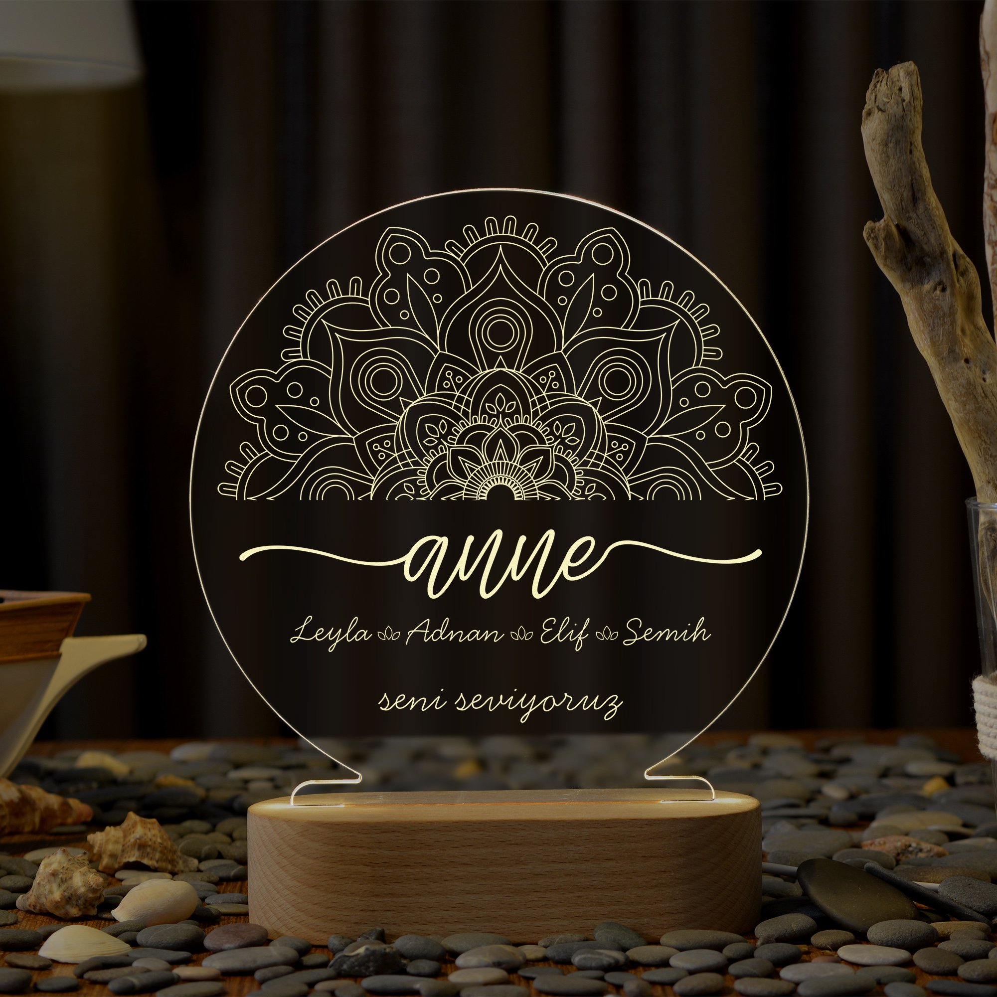 Anneler için Mandala Sembollü Kişiye Özel Ledli Gece Lambası