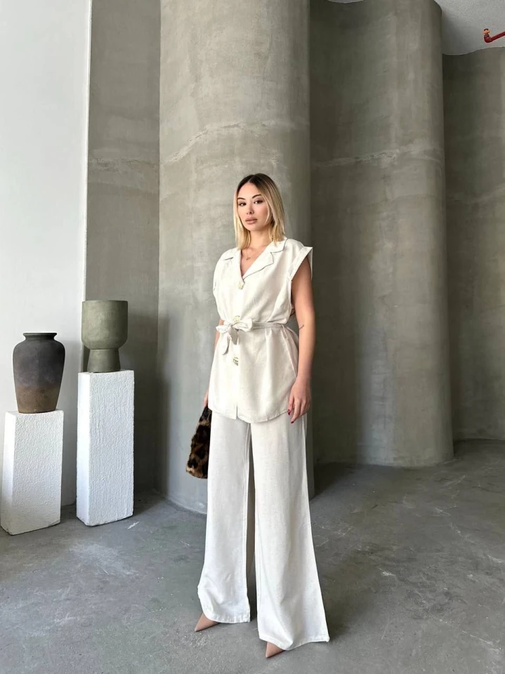 Keten Sıfır Kol Kuşaklı Ceket Pantolon Ikili Takım - Beyaz