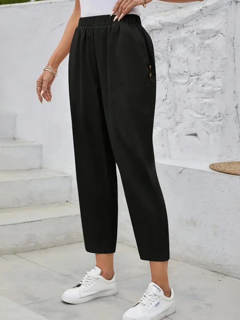 Kadın Yüksek Bel Yandan Cepli Düğme Detaylı Geniş Kesim Ithal Krep Pantolon