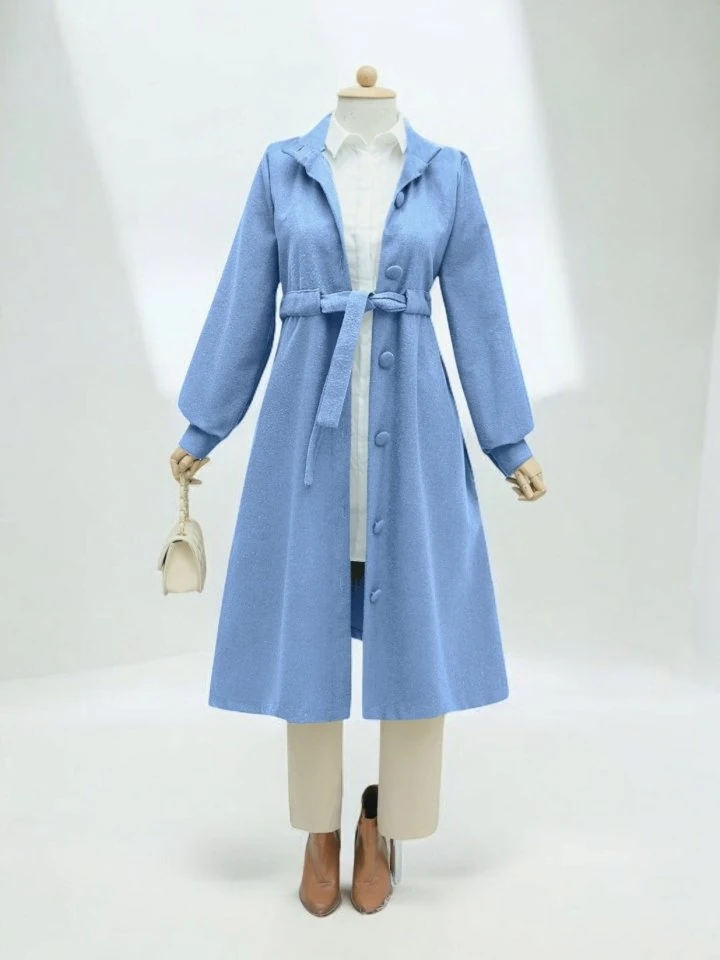 Belden Bağlamalı Top Düğmeli Kaşe Kaban -Mavi