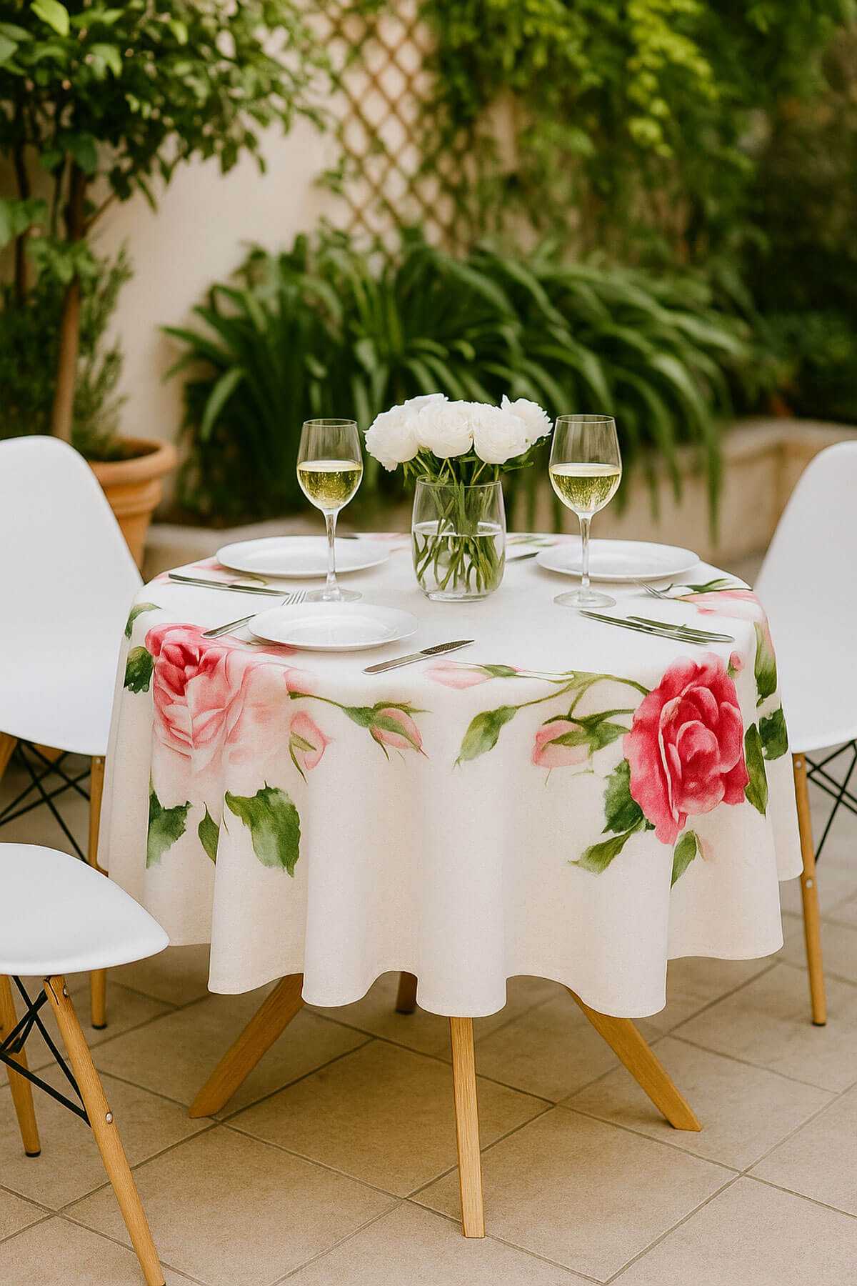 Yuvarlak Gül Desenli Duck Kumaş Masa Örtüsü 150x150 Cm