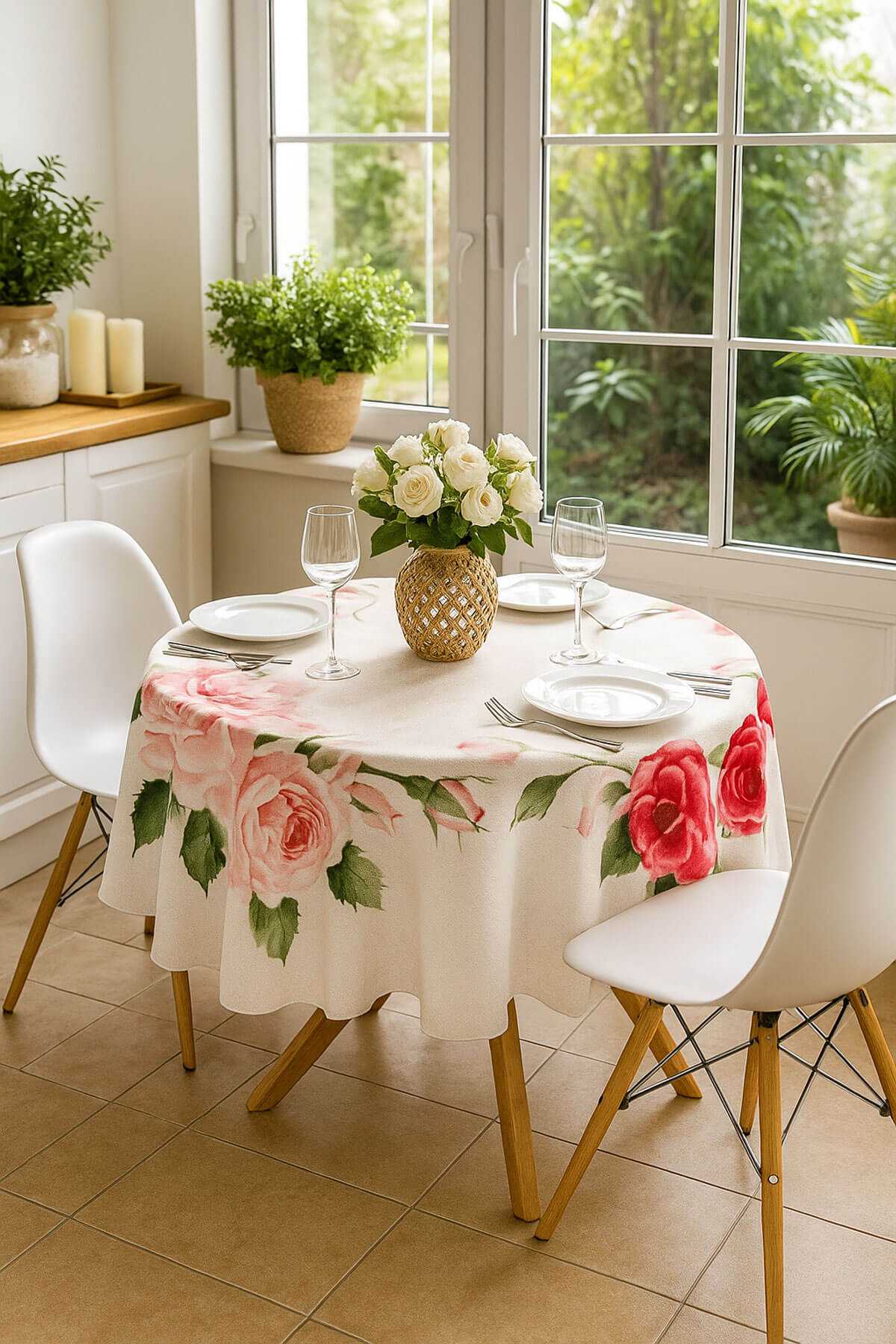 Yuvarlak Gül Desenli Duck Kumaş Masa Örtüsü 150x150 Cm