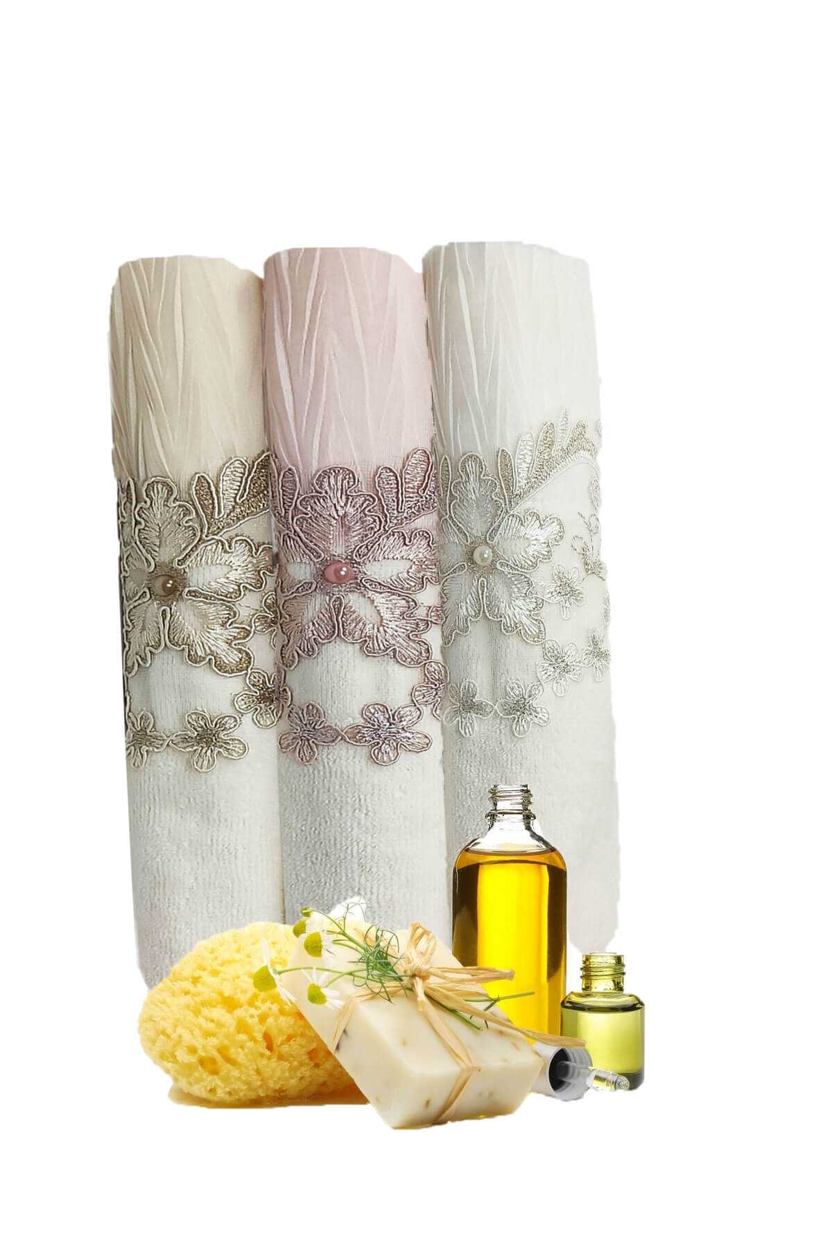 3 Lü Tül Dantel İşlemeli Boncuklu Havlu Seti 50X90 Cm