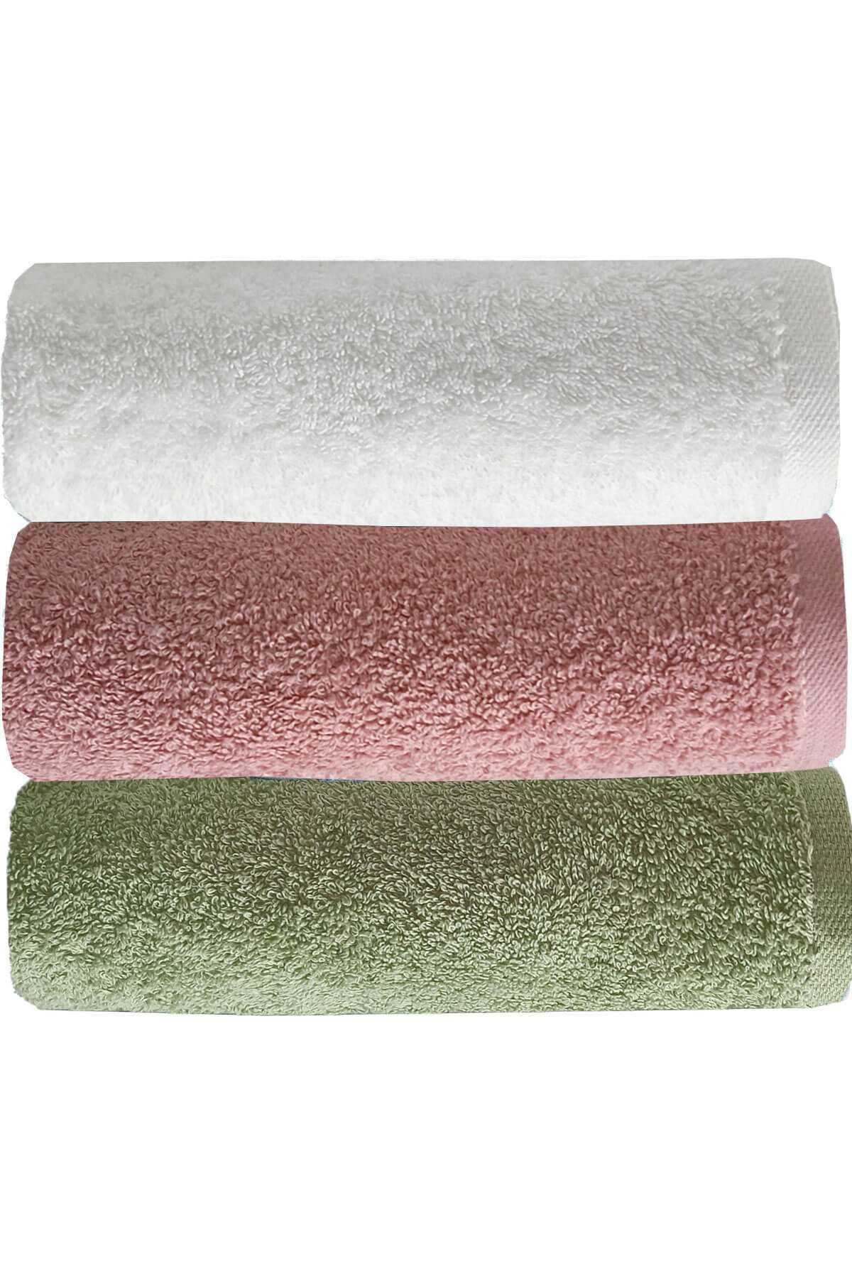 3 lü Düz Renk El Yüz Havlu Seti &amp;#37;100 Pamuklu 50x90 Cm Yeşil Gül Beyaz