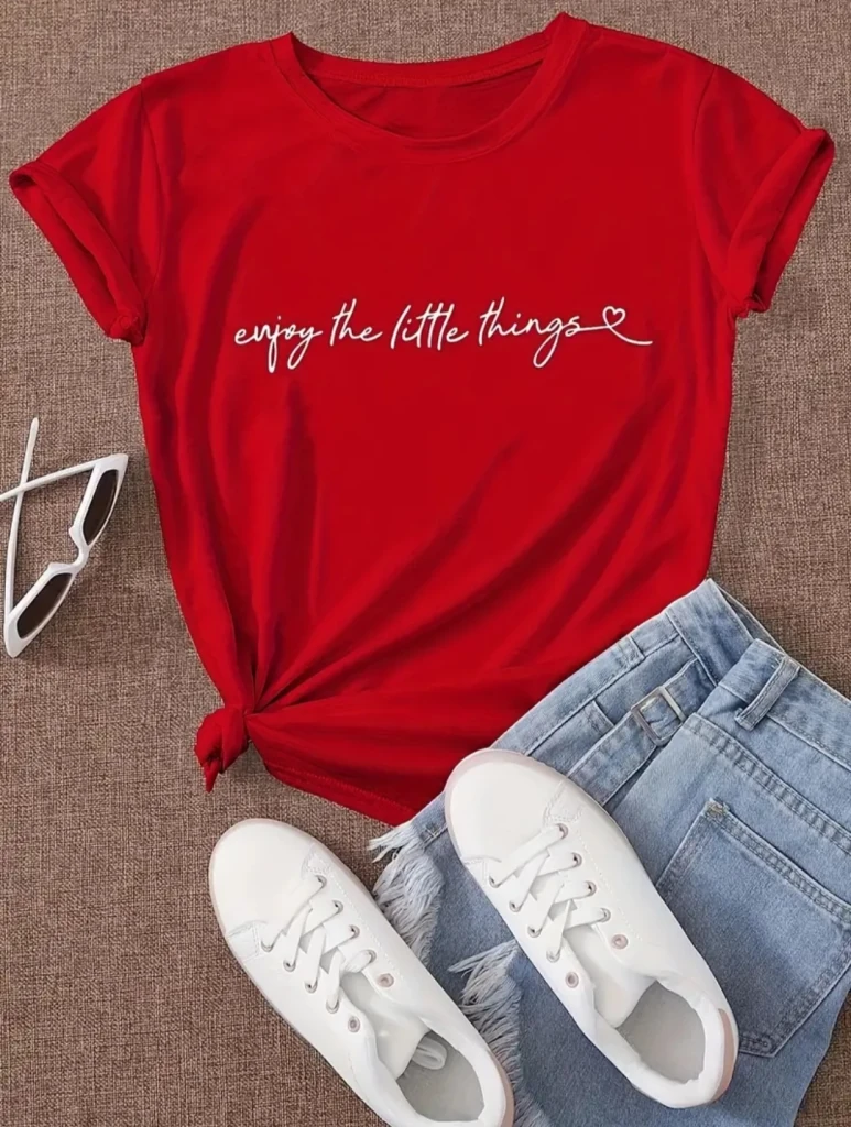 Kadın Kısa Kollu önü Yazı Baskılı Basic Süprem Bluz