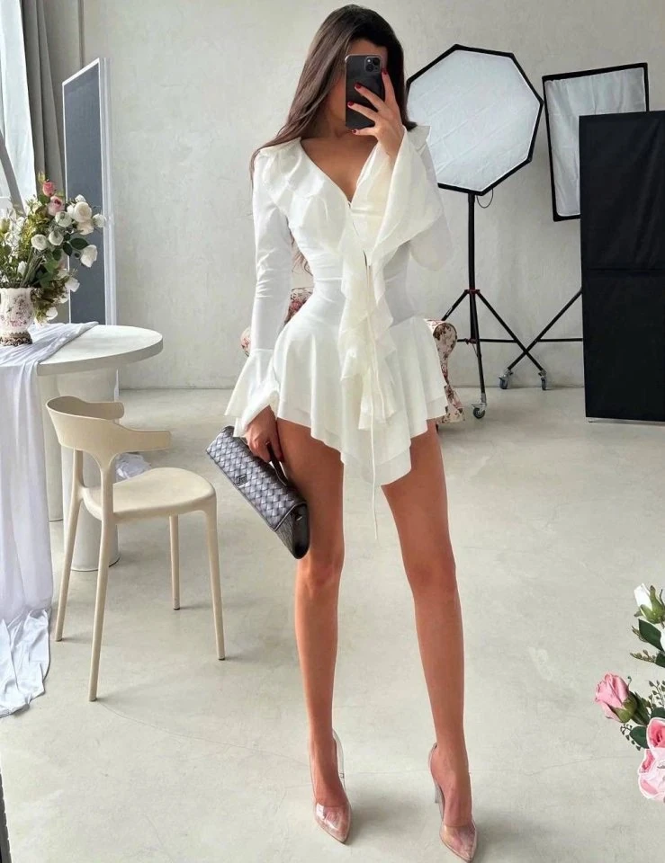 Kadın Dalgıç Kumaş Fırfırlı Elbise