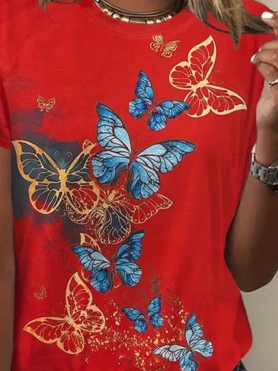 Kadın Kısa Kollu Mavi Sarı Kelebek Baskı Süprem Bluz