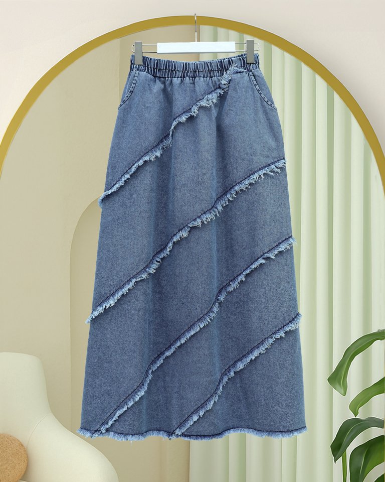 Püskül Detaylı Beli Lastikli Kot Etek  -Mavi