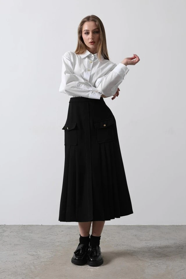 Pileli Kontrast Gömlek Elbise - Beyaz