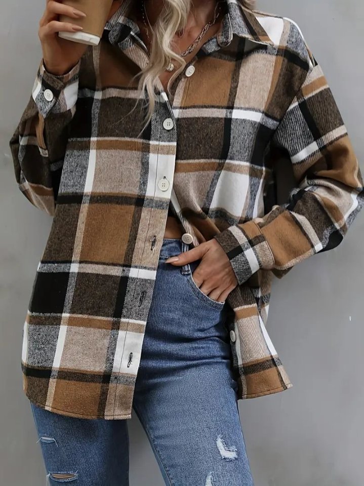 Kadın Uzun Kollu Kare Desenli önden Düğmeli Dokuma Gömlek