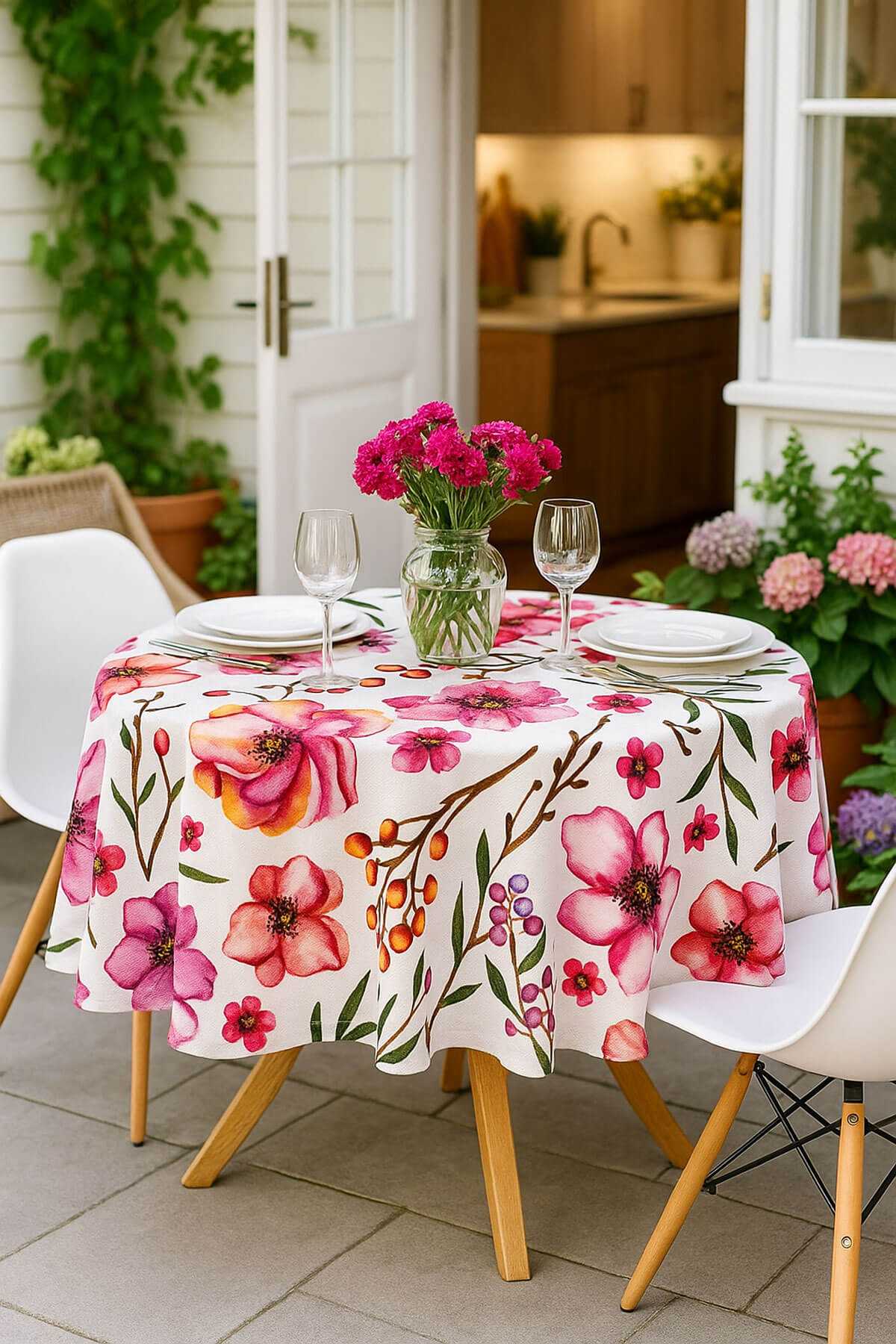 Yuvarlak Çiçek Desenli Duck Kumaş Masa Örtüsü 150x150 Cm