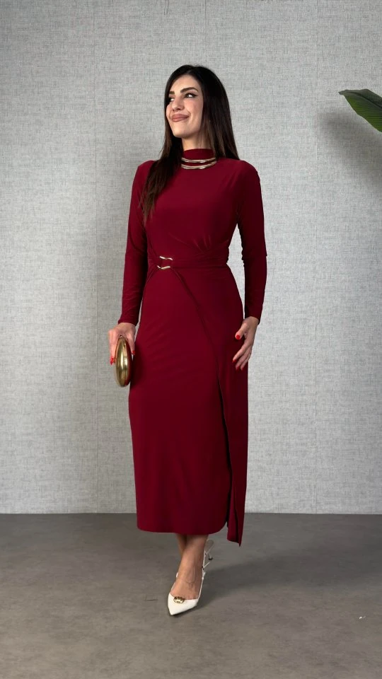 Kadın Balıkçı Yaka Toka Detay Sandy Kumaş Midi Boy Elbise