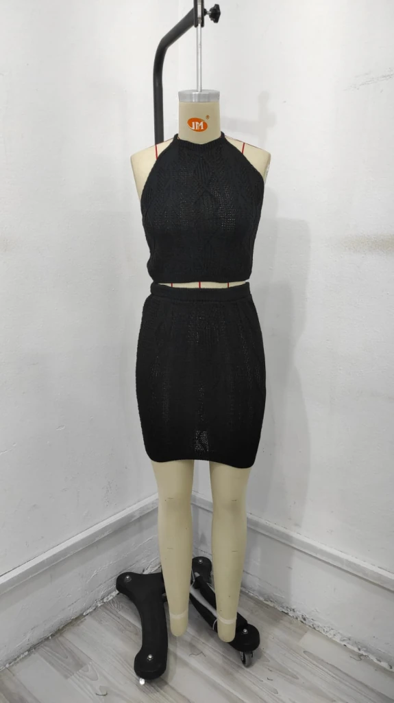 Kadın Kolsuz Mini Erer Crop Ikili Triko Takım