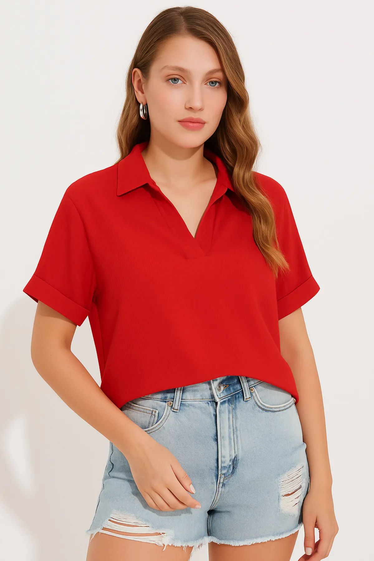 polo yaka rahat kesim yazlık t-shirt/bluz - KIRMIZI