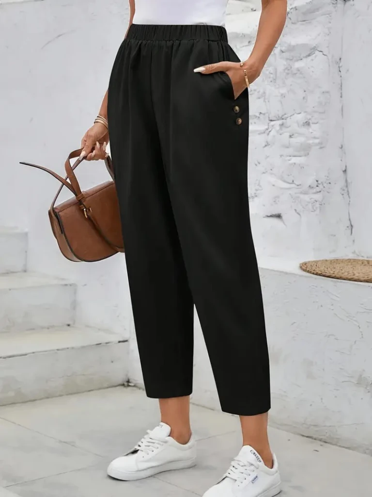 Kadın Yüksek Bel Yandan Cepli Düğme Detaylı Geniş Kesim Ithal Krep Pantolon