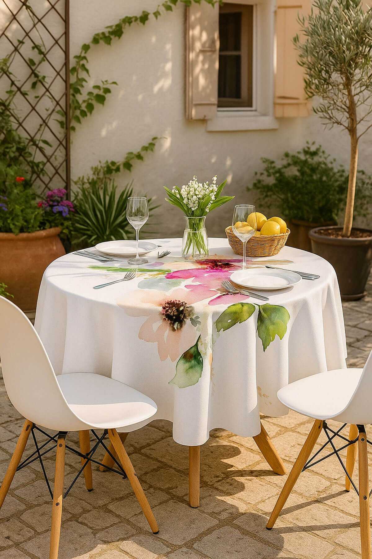 Yuvarlak Pastel Çiçek Desenli Duck Kumaş Masa Örtüsü 150x150 Cm