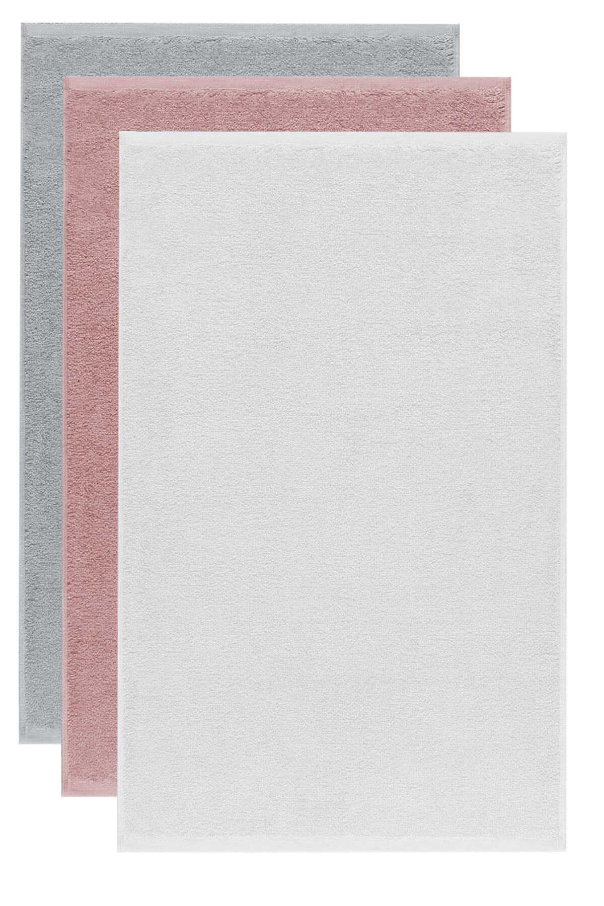 3 lü Düz Renk El Yüz Havlu Seti &amp;#37;100 Pamuklu 50x90 Cm Gri-Gül-Beyaz