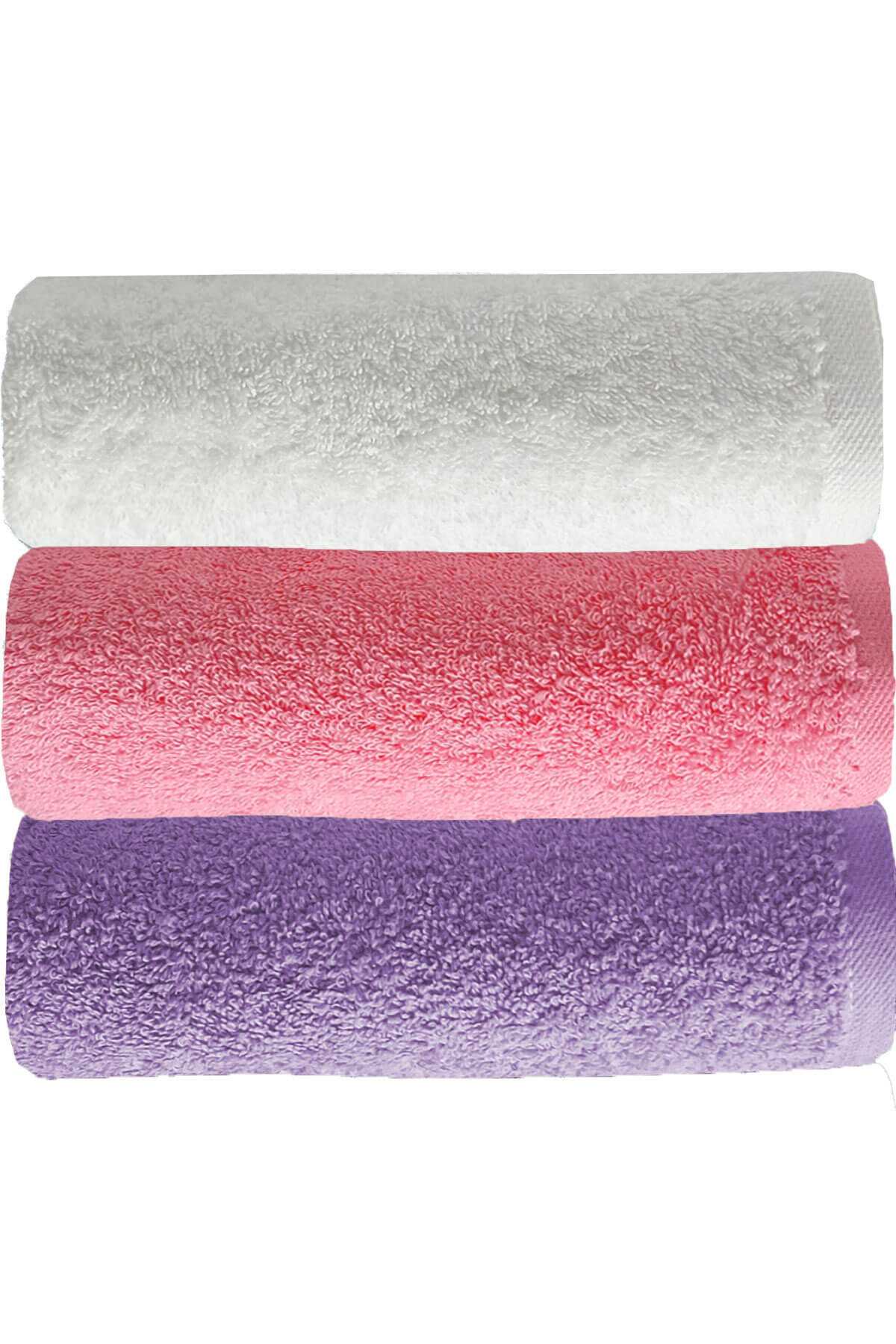3 lü Düz Renk El Yüz Havlu Seti &amp;#37;100 Pamuklu 50x90 Cm Mor-Pembe-Beyaz