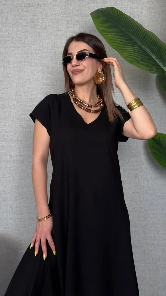 Kadın Kısa Kollu V Yaka Salaş Maxi Boy Elbise