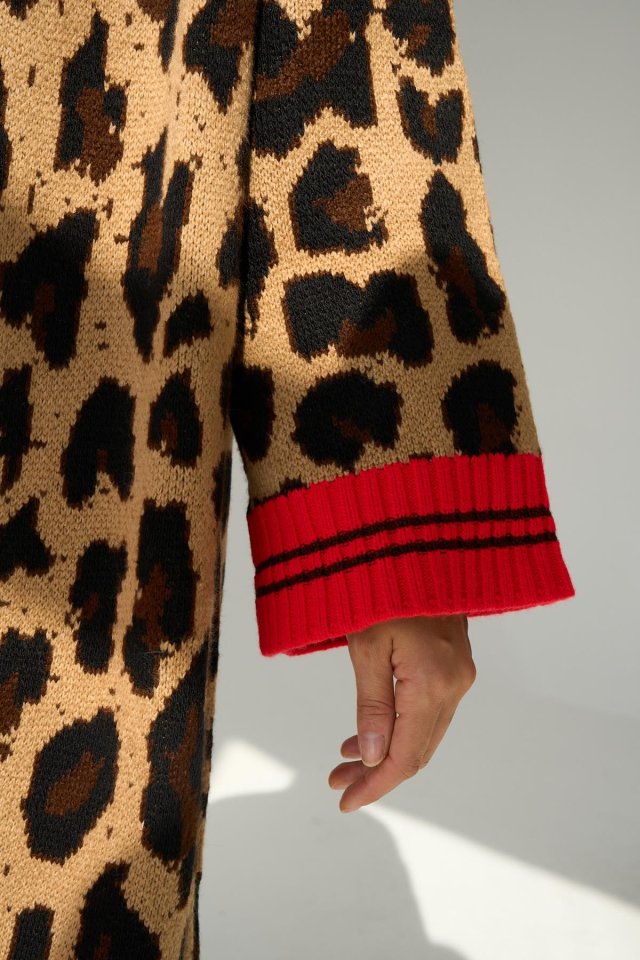 Uzun Leopar Hırka - Camel-Kırmızı
