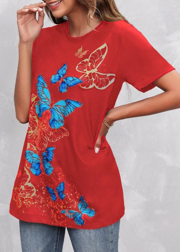 Kadın Kısa Kollu Mavi Sarı Kelebek Baskı Süprem Bluz