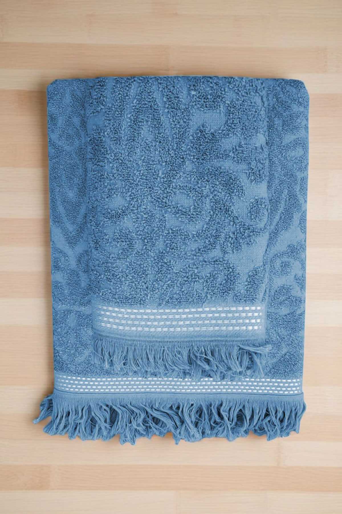 2 Parça Jakarlı Banyo Havlu Takımı &amp;#37;100 Pamuklu 90x150 Cm Arden Mavi