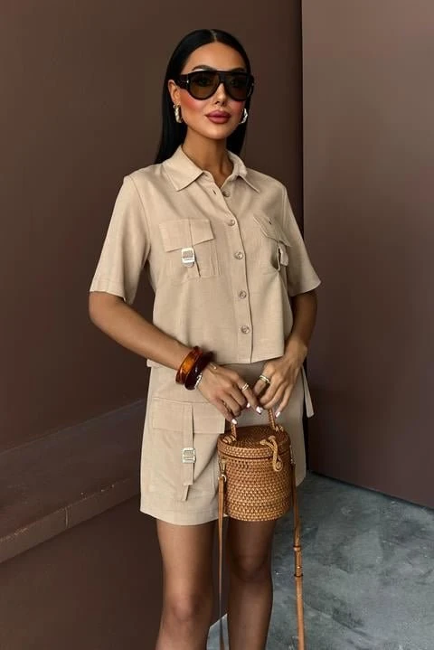 Gömlek Şort Etek Viscon Keten Takım 10162