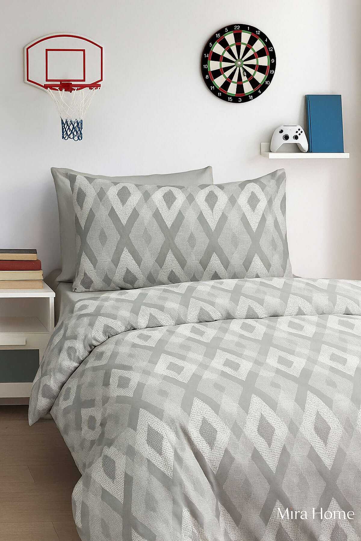 Zigzag Desenli Gri Pamuklu Tek Kişilik Nevresim Takımı