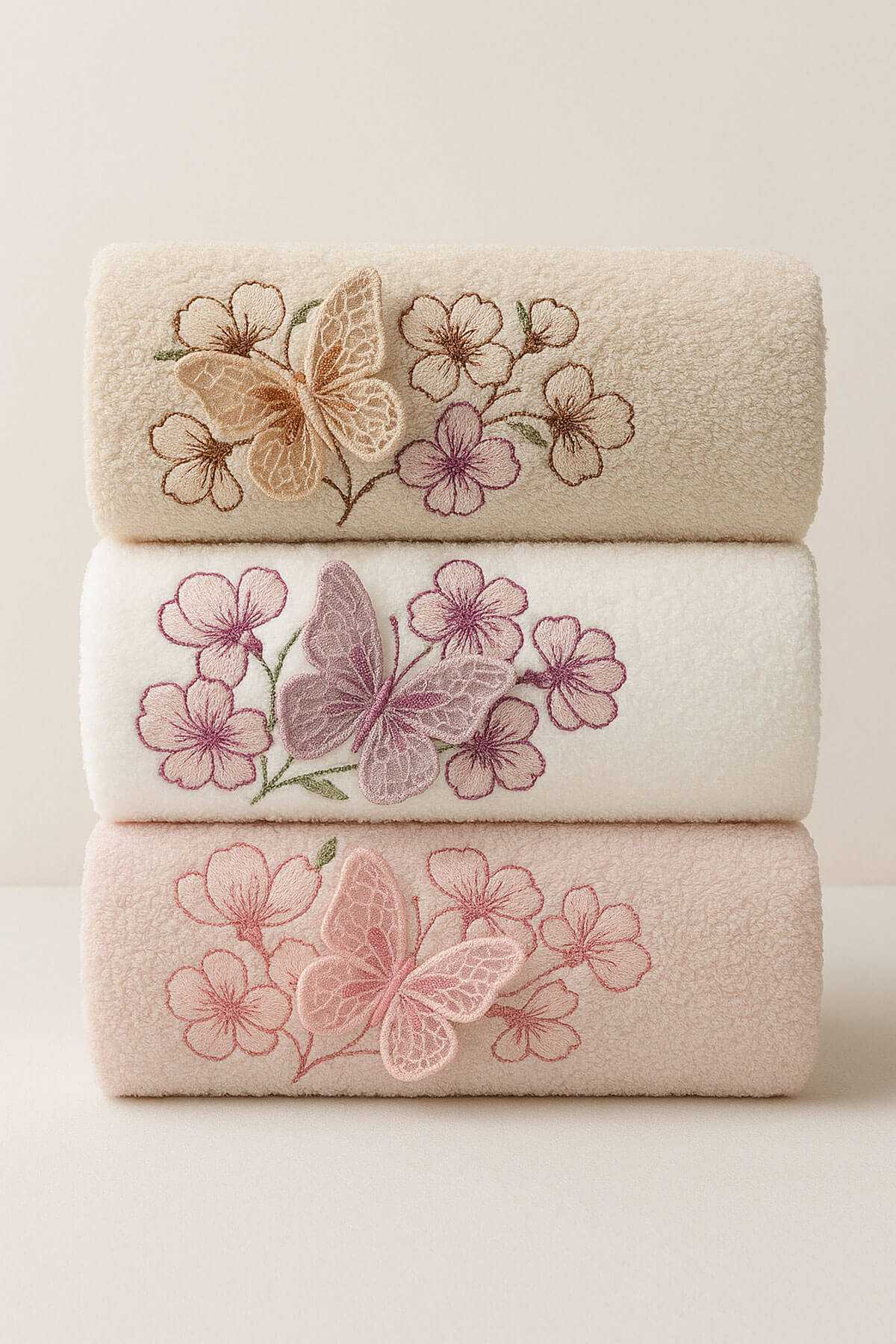 3lü Lüks &amp;#37;100 Pamuklu Mutfak Havlusu Seti 3D Kelebek Aplikeli 30x50 Cm