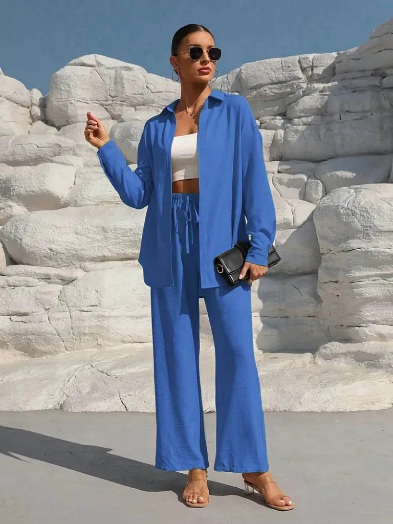 Kadın Uzun Kollu önü Açık Dokuma Ceket Ve Pantolon Ikili Takım