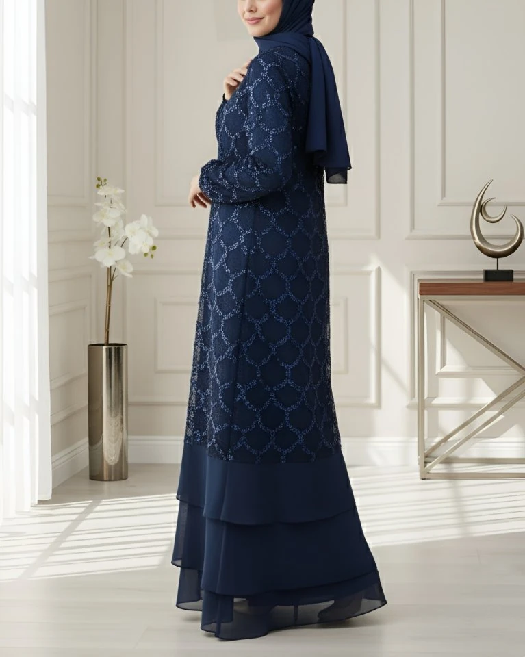 Pul Payetli Eteği Katlı Kemerli İkili Abaya -Laci